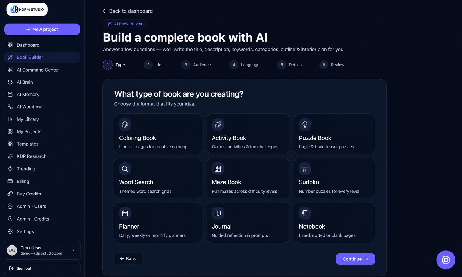 The Book Builder wizard in KDP AI Studio showing book format options