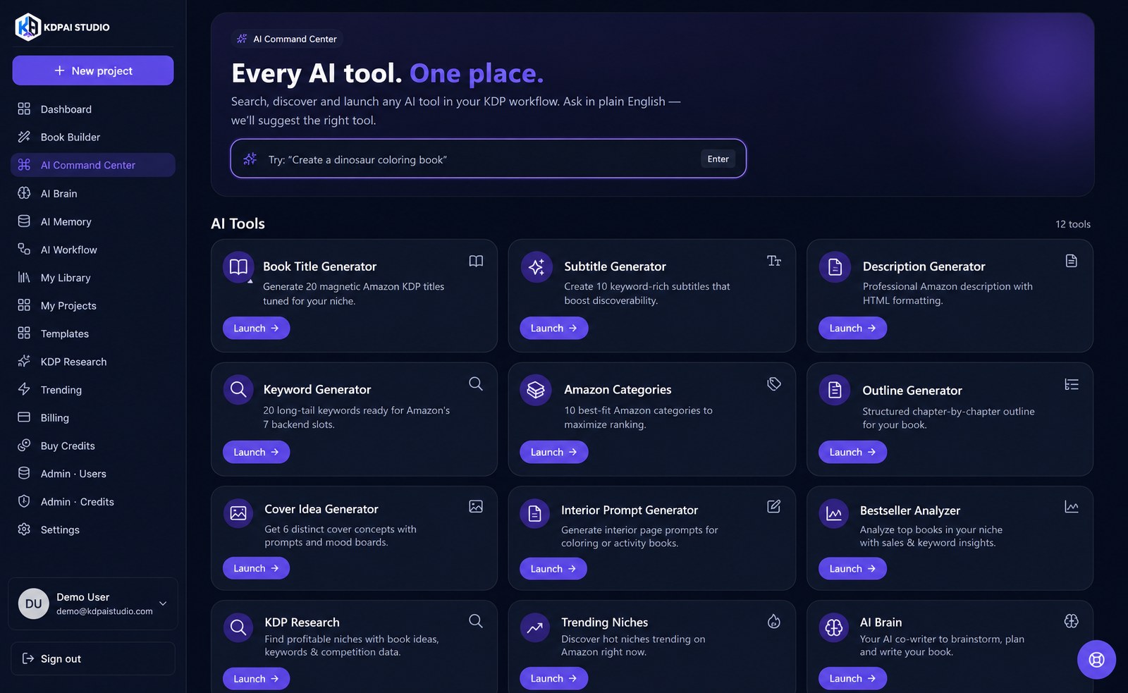 The AI Command Center in KDP AI Studio with a natural-language search bar and tool cards