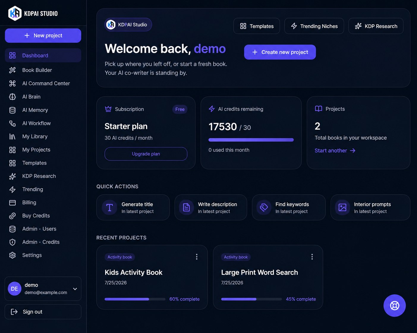 The KDP AI Studio dashboard showing project stats, credits and quick actions