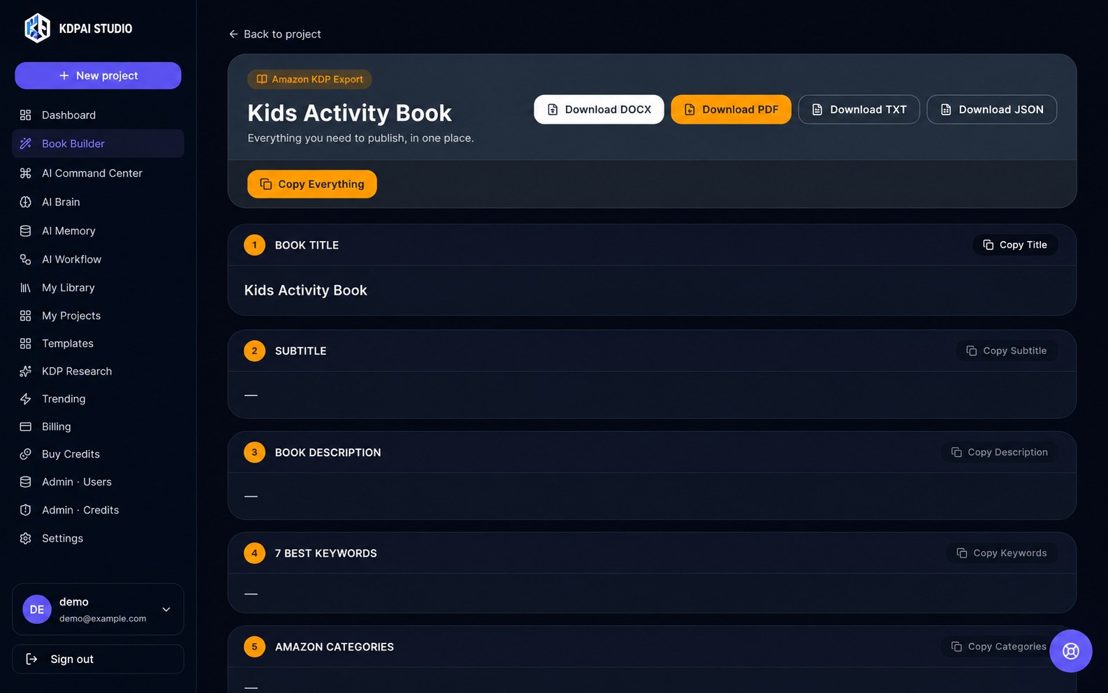The Export for Amazon KDP page in KDP AI Studio with download and copy buttons