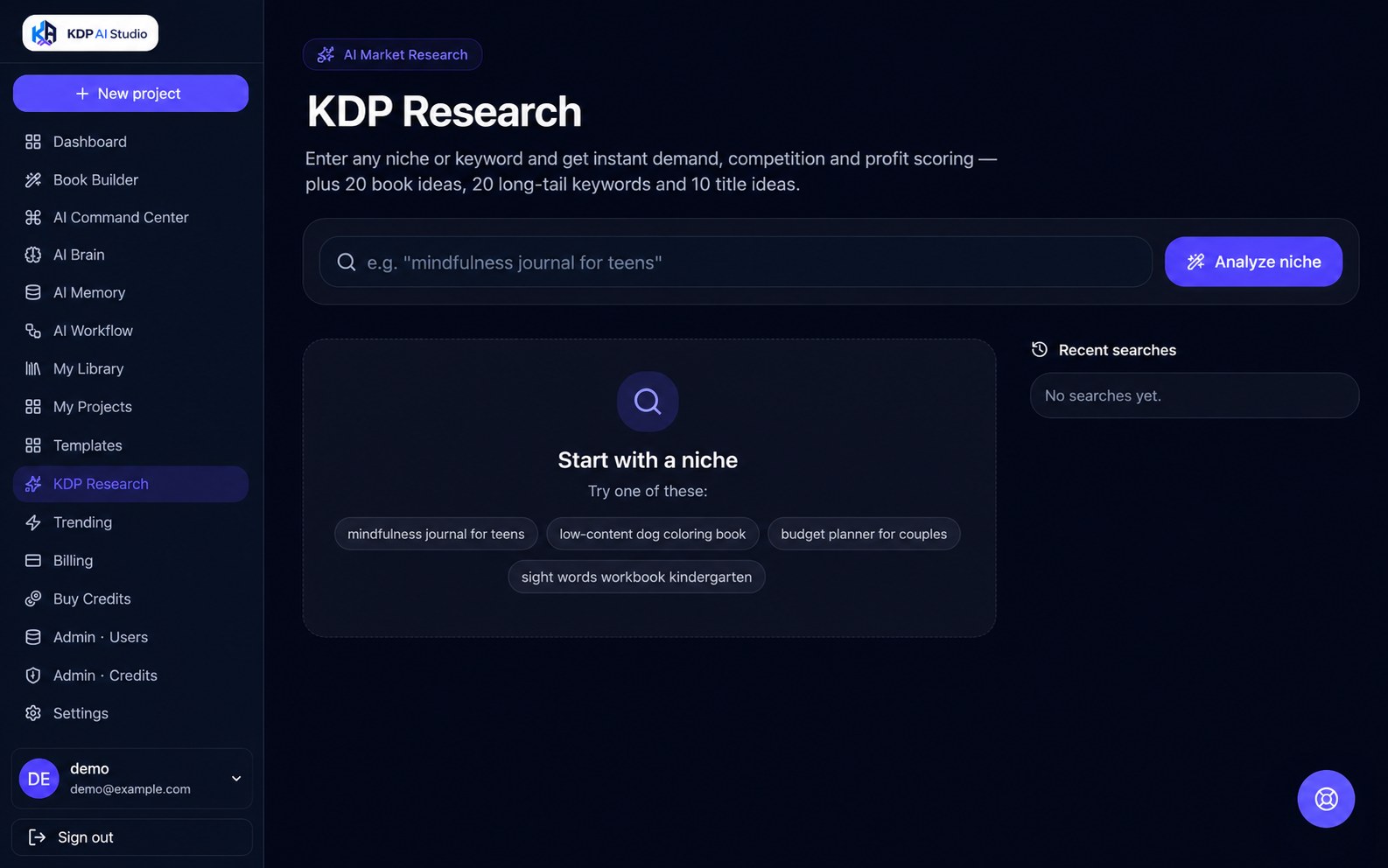 The KDP Research page in KDP AI Studio with niche analysis and recent searches